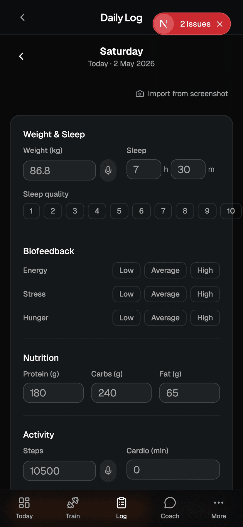 Daily log form with weight, sleep, biofeedback, and macro inputs