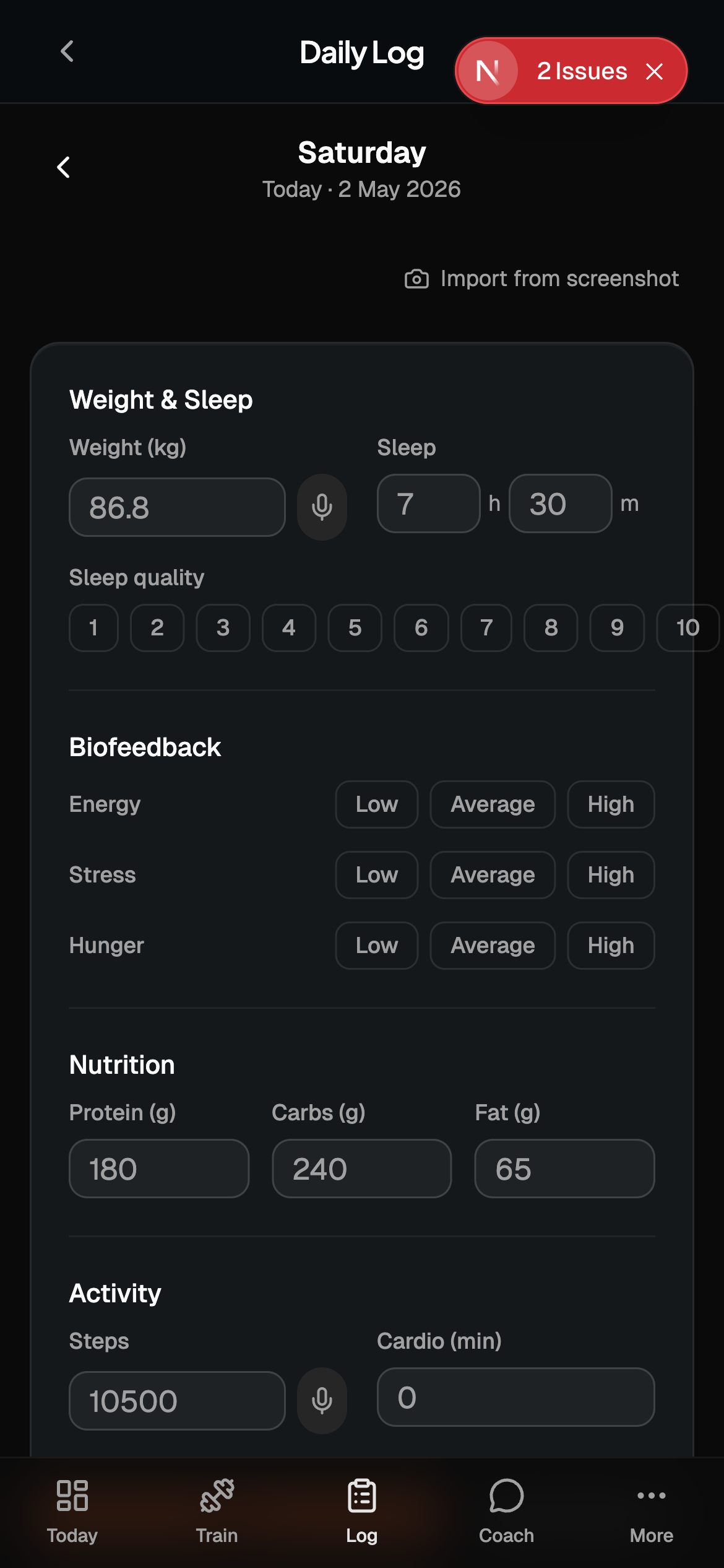 Daily log form with weight, sleep, biofeedback, and macro inputs