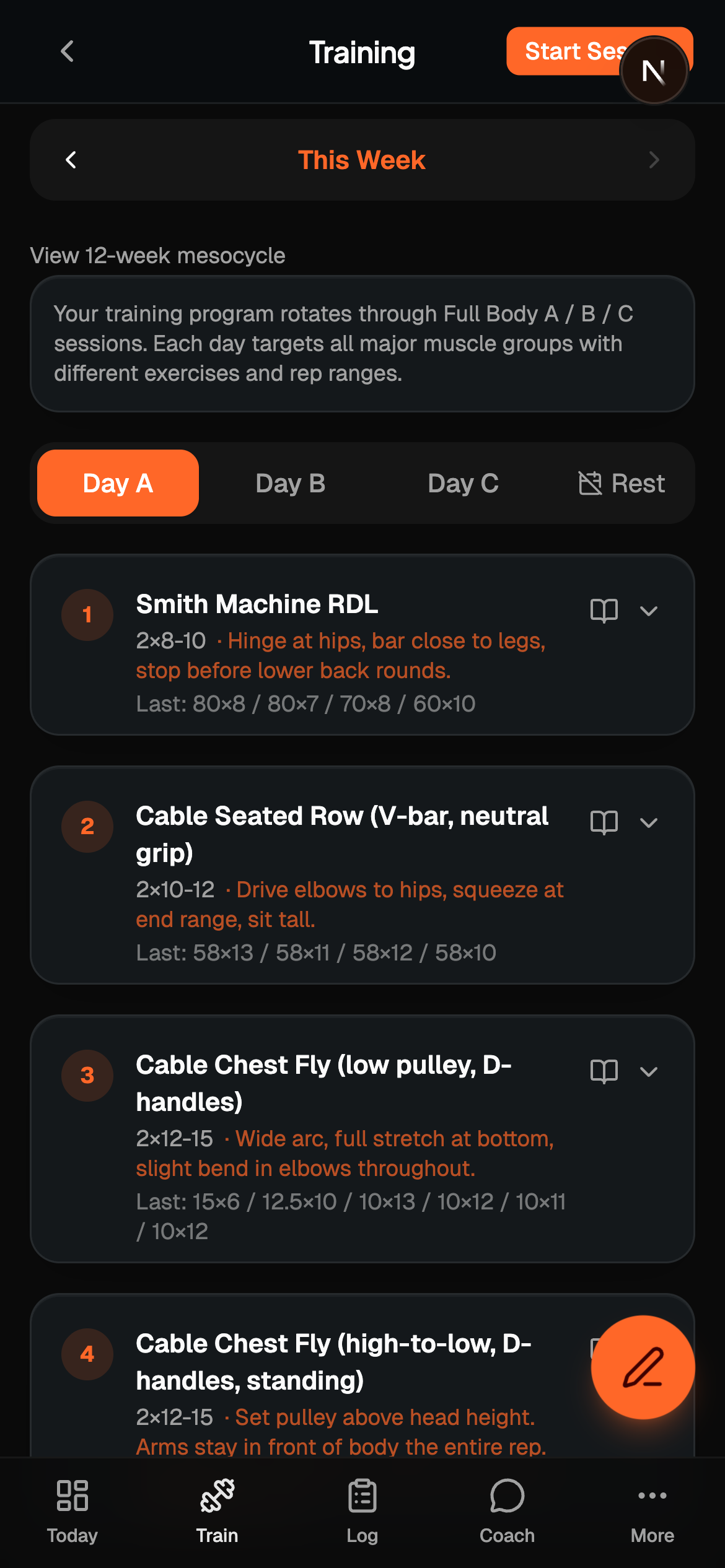 Training session with planned exercises and previous weights